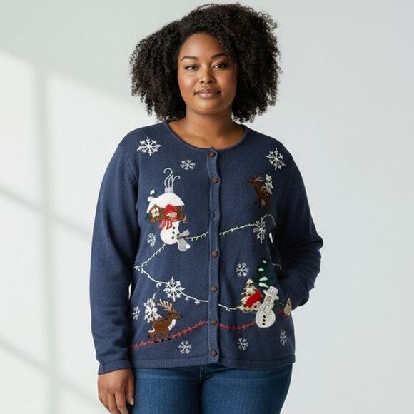 Vintage Bechamel Not Ugly Christmas Cardigan Sweater Blue Snowmen Reindeer 2XL - Picture 1 of 6